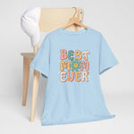 Lichtblauwe T-shirt op hanger met 'BEST EVER' print en bloemenmotief