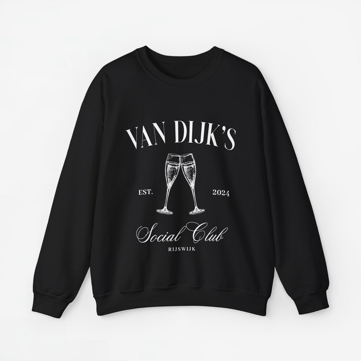 Zwarte sweatshirt met opdruk VAN DIJK'S Social Club en twee champagneglazen