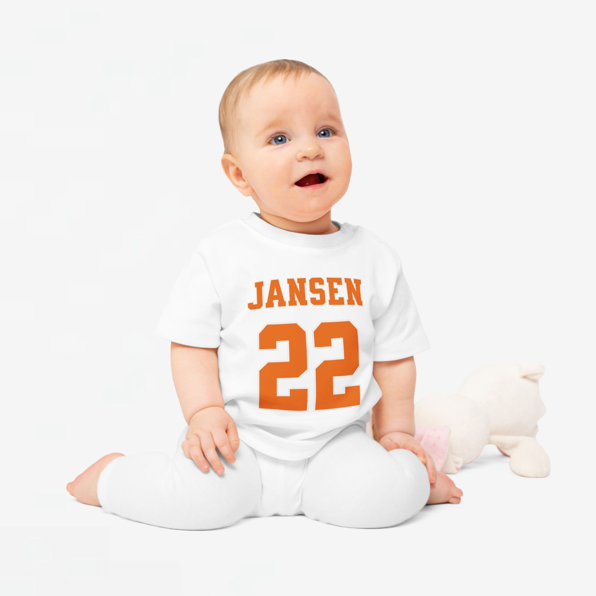 Baby T-shirt voor EK, WK en Koningsdag - Personaliseer met Naam & Rugnummer (Voorkant)