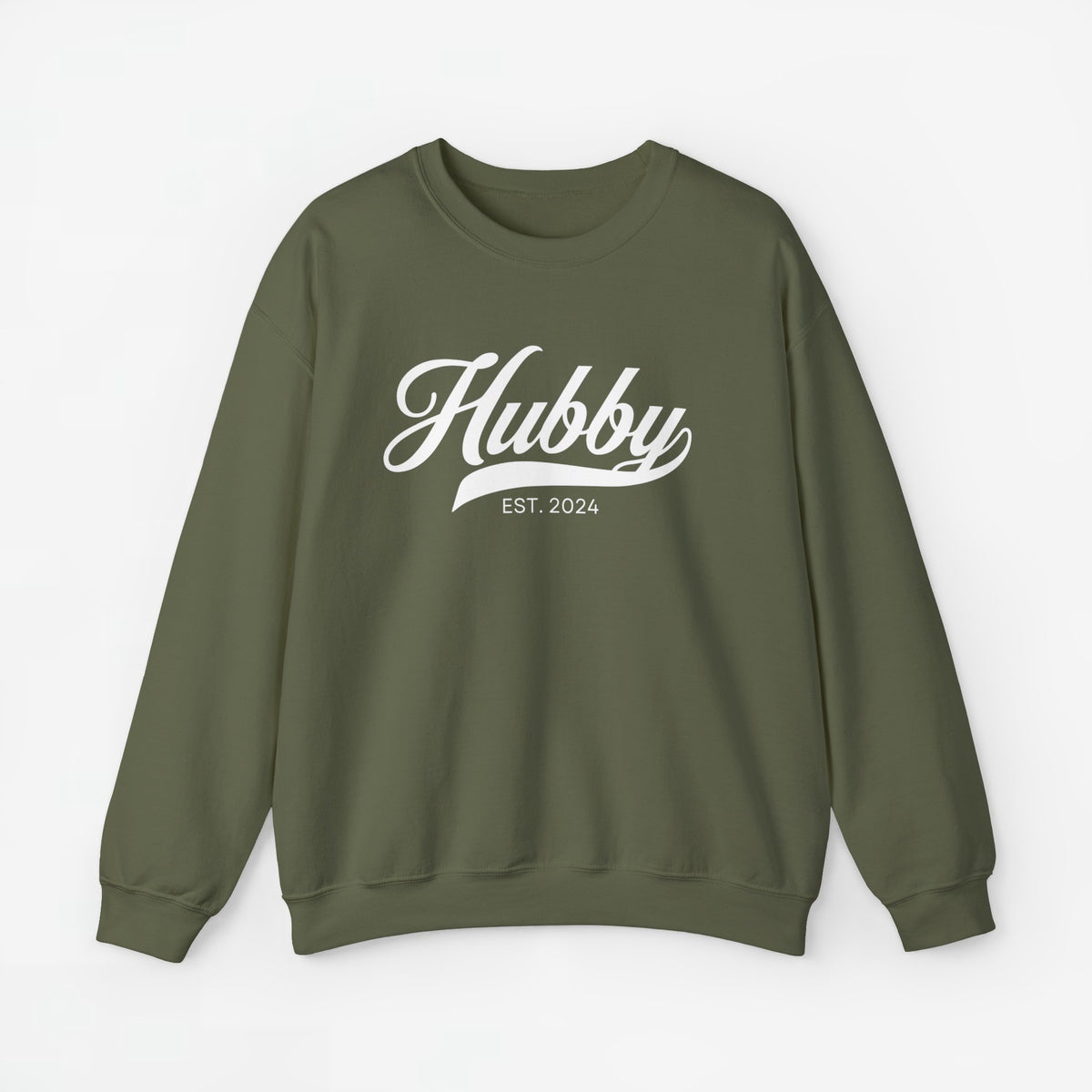 Donkergroene sweatshirt met opdruk 'Hubby' en EST.2024