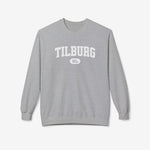 Sport grey varsitytrui met opdruk Tilburg en ronde hals, lange mouwen.