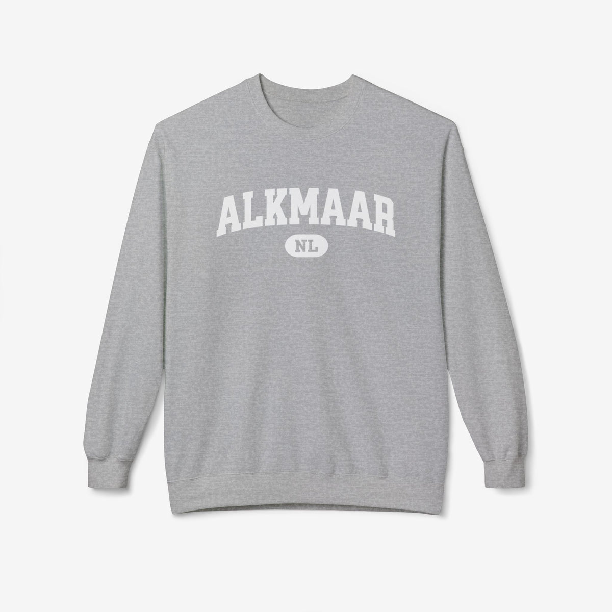 Sportgrijze varsitytrui met ronde hals en borstprint ALKMAAR NL
