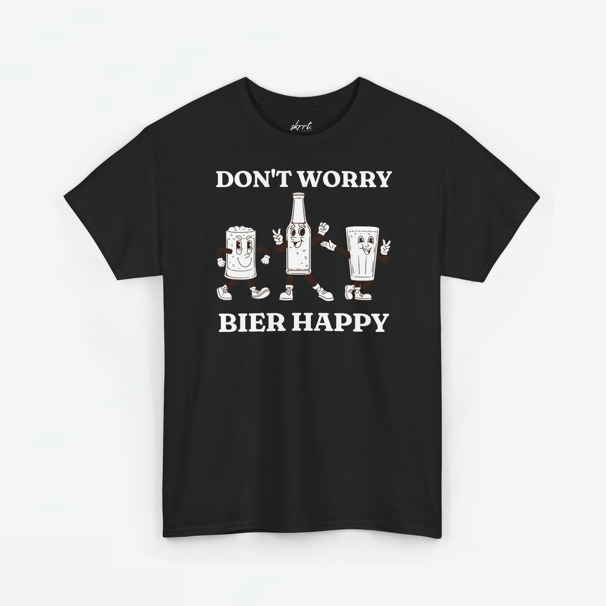 Zwart T-shirt met frontprint “DON’T WORRY” en “BIER HAPPY” met bierfiguren.