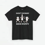 Zwart T-shirt met frontprint “DON’T WORRY” en “BIER HAPPY” met bierfiguren.