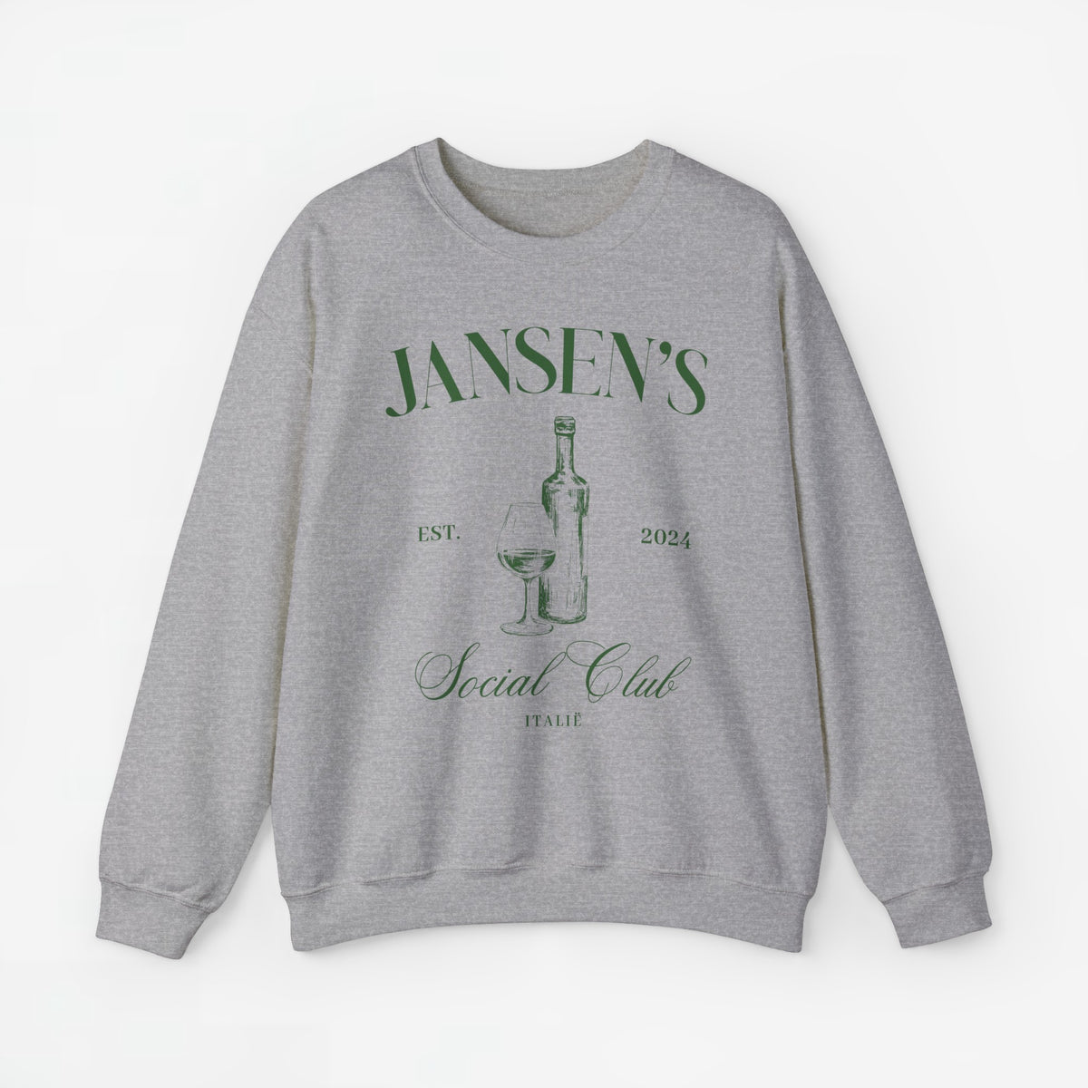 Grijze sweater met ronde hals en opdruk van fles en wijnglas op de borst