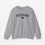 Lichtgrijze trui met ronde hals en 'SOCIOLOOG' print met NL-logo op borst.