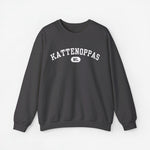 Donkergrijze sweatshirt met ronde hals en borstprint 'KATTENOPPAS' met NL