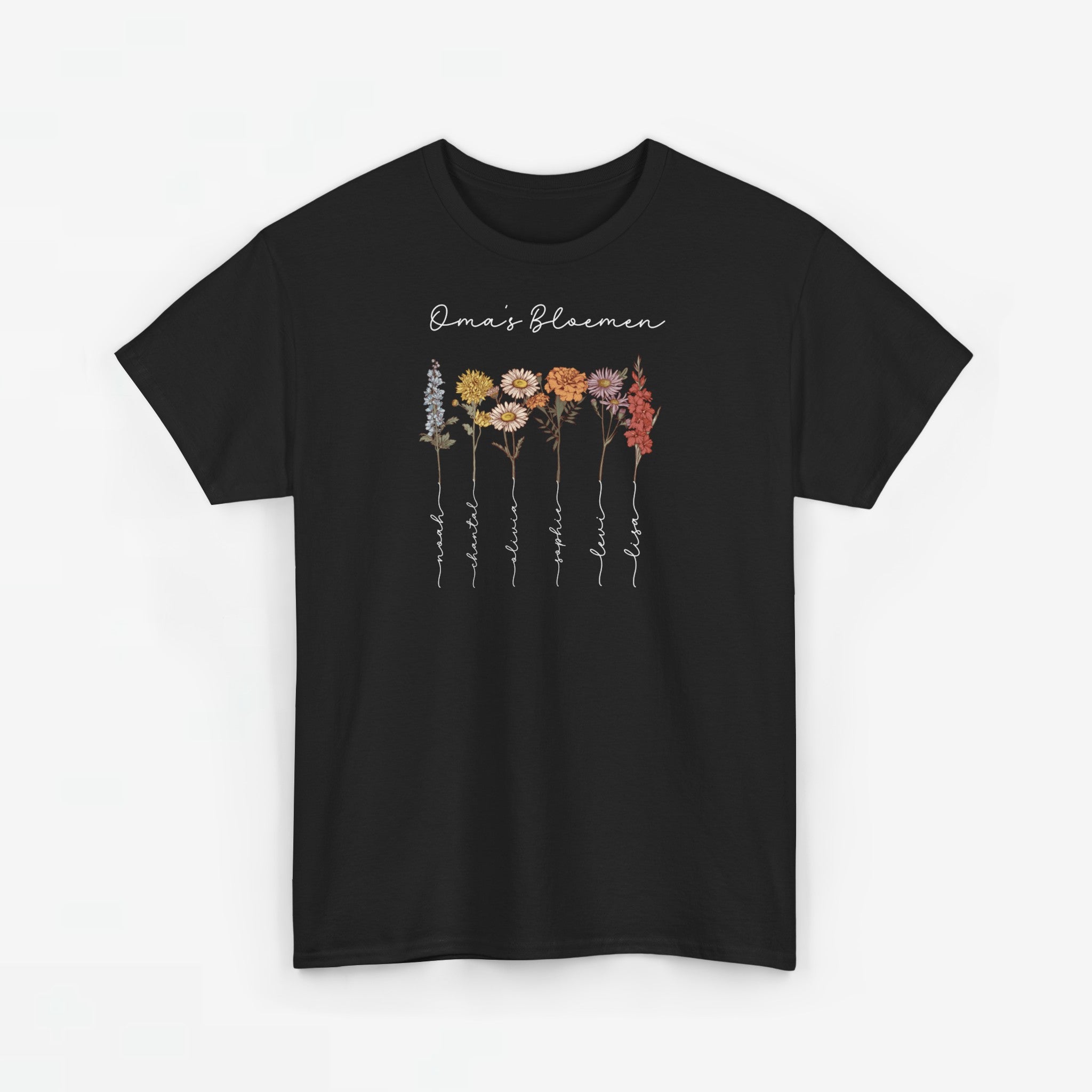 Gepersonaliseerde Moederdag Mama Cadeau - T-shirt - Oma's Bloemen met namen en geboortemaand bloemen (witte tekst)