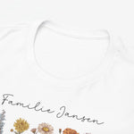 Witte T-shirtkraag met bloemen- en namenprint onderaan beeld