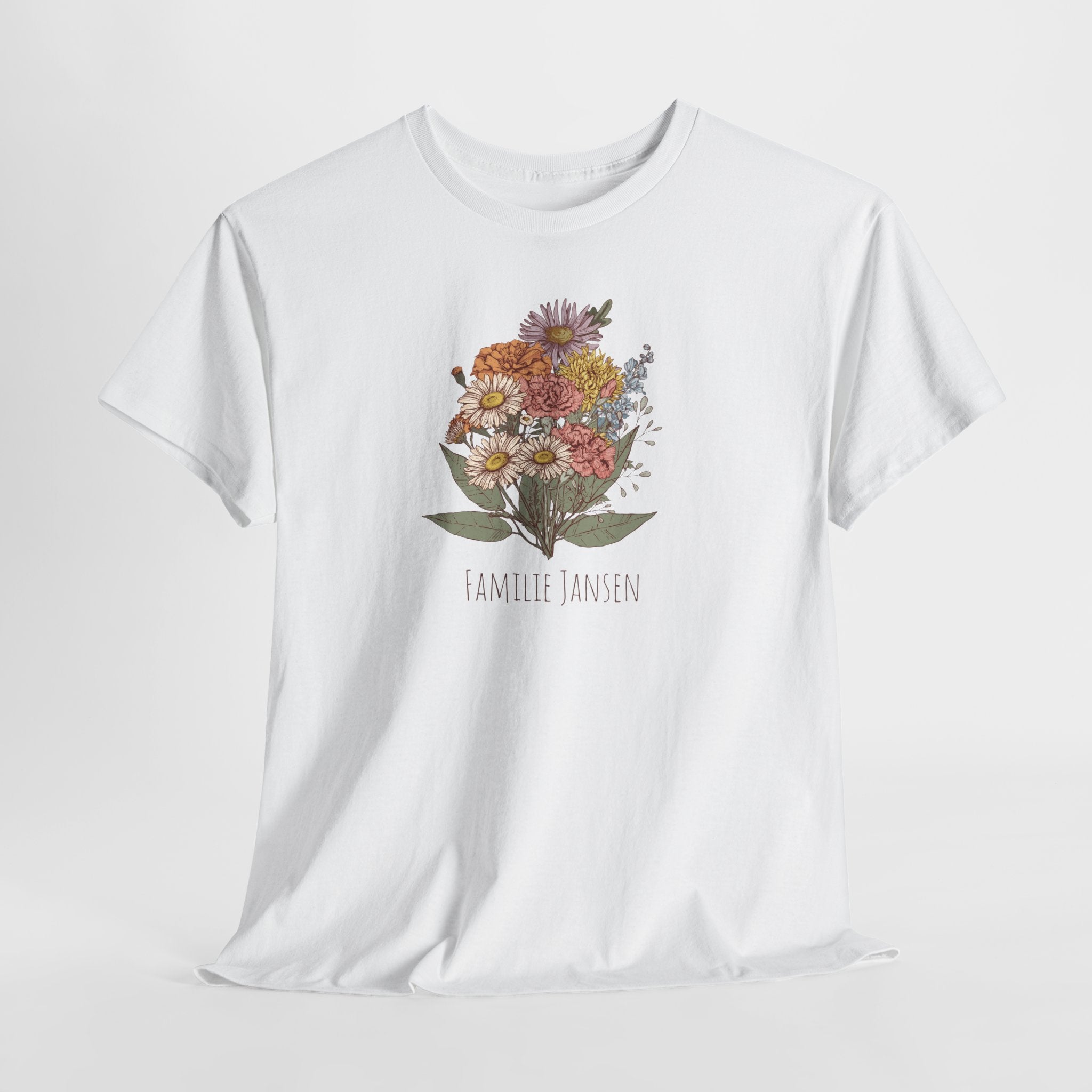 Gepersonaliseerde Moederdag Mama Cadeau - T-shirt - Familie Bloemen boeket met geboortemaand bloemen (zwarte tekst)