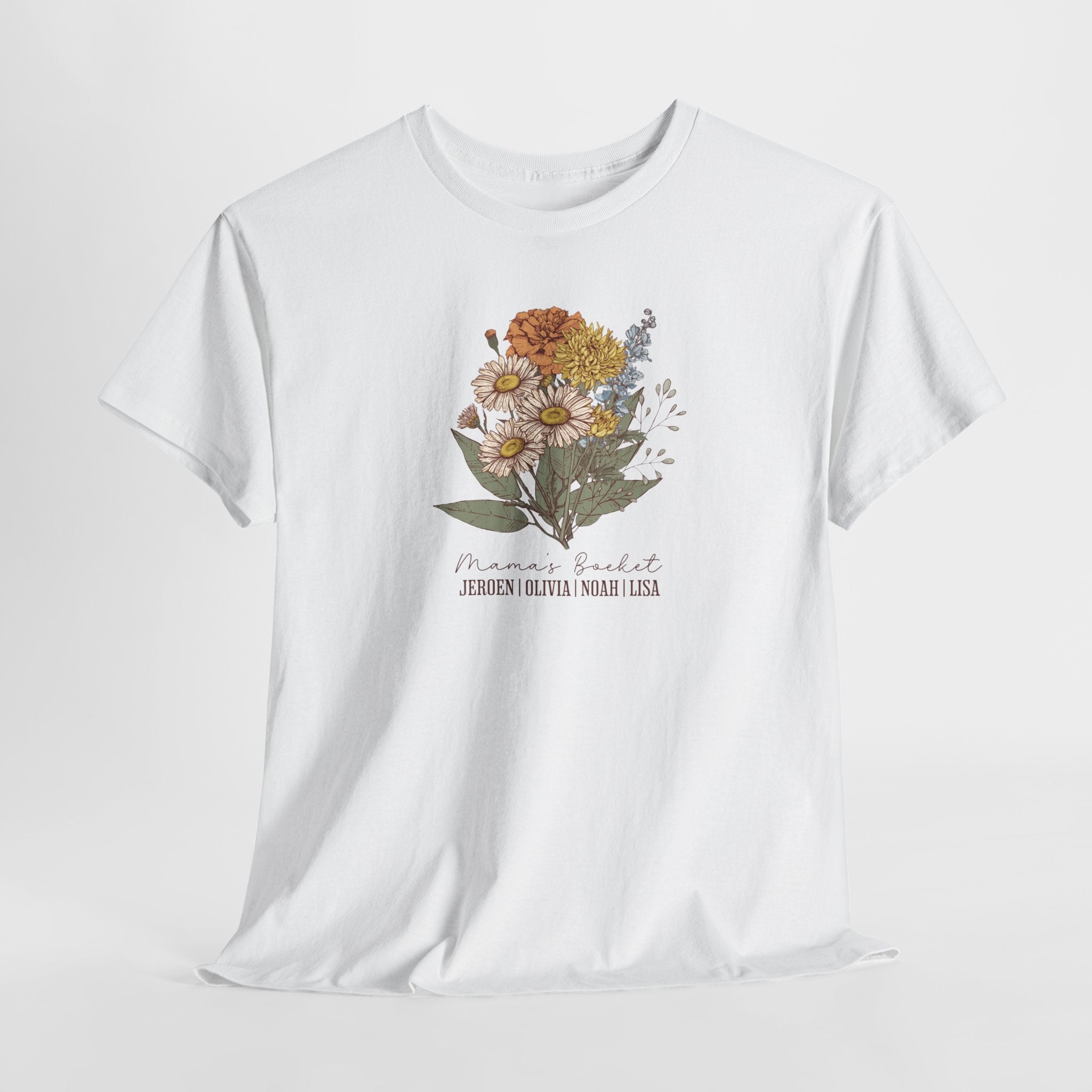 Gepersonaliseerde Moederdag Mama Cadeau - T-shirt - Mama's boeket met namen en geboortemaand bloemen
