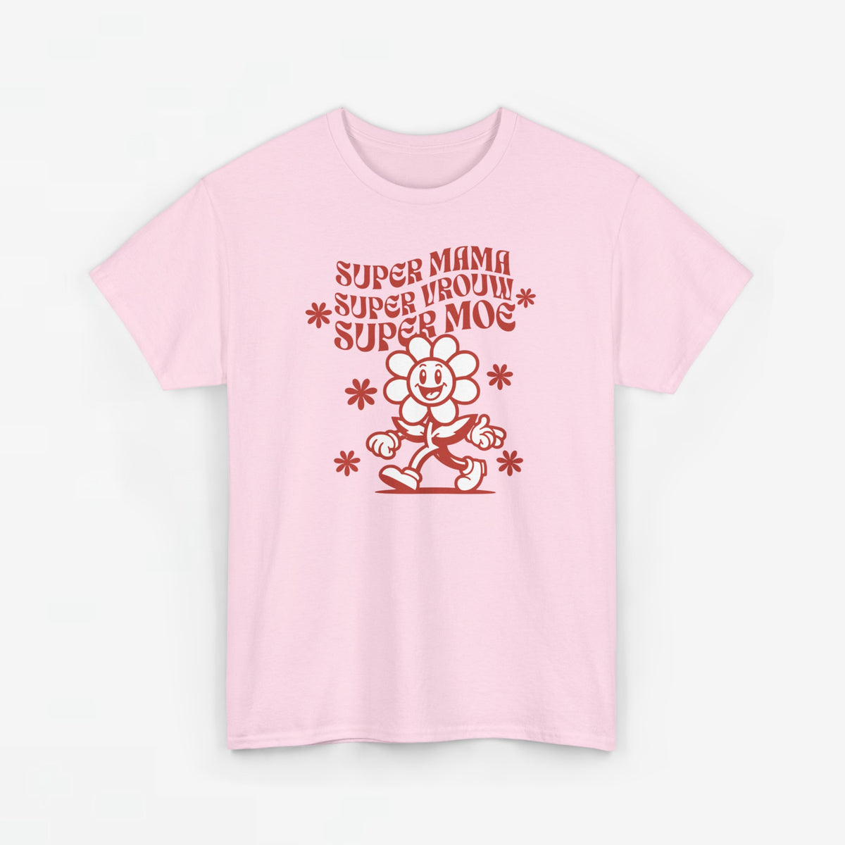 Roze oversized T-shirt met rode opdruk “Super mama, super vrouw, super moe”