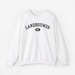 Witte sweater met ronde hals en zwarte/witte opdruk “LANDBOUWER” met NL-embleem