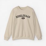 Beige sweater met ronde hals en lange mouwen, HOOGLEERAAR-print met NL-logo op borst