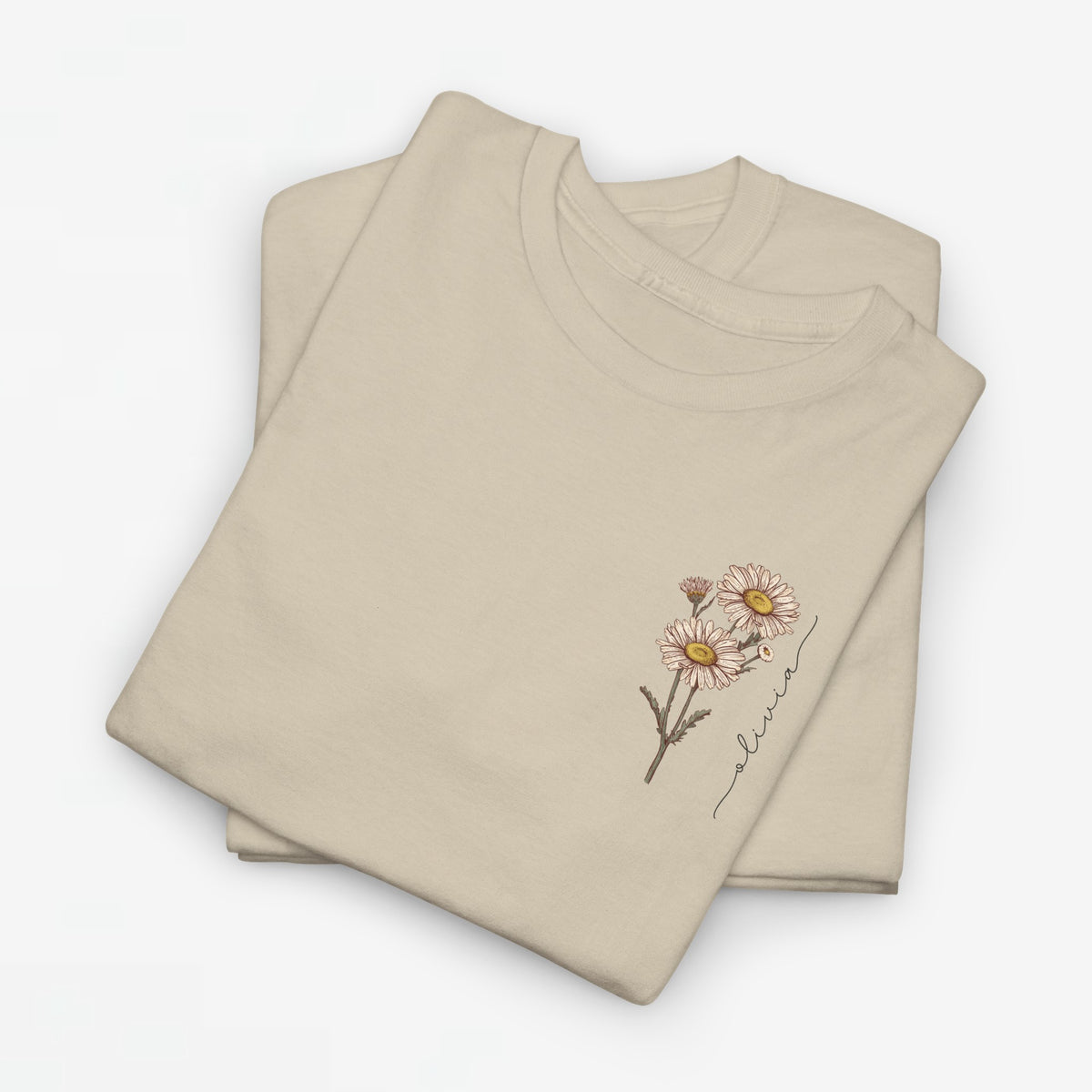 T-shirt beige met kleine bloemenprint op de borst