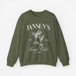 Legergroene sweatshirt met opdruk JANSEN'S en Social Club, ronde hals en lange mouwen.