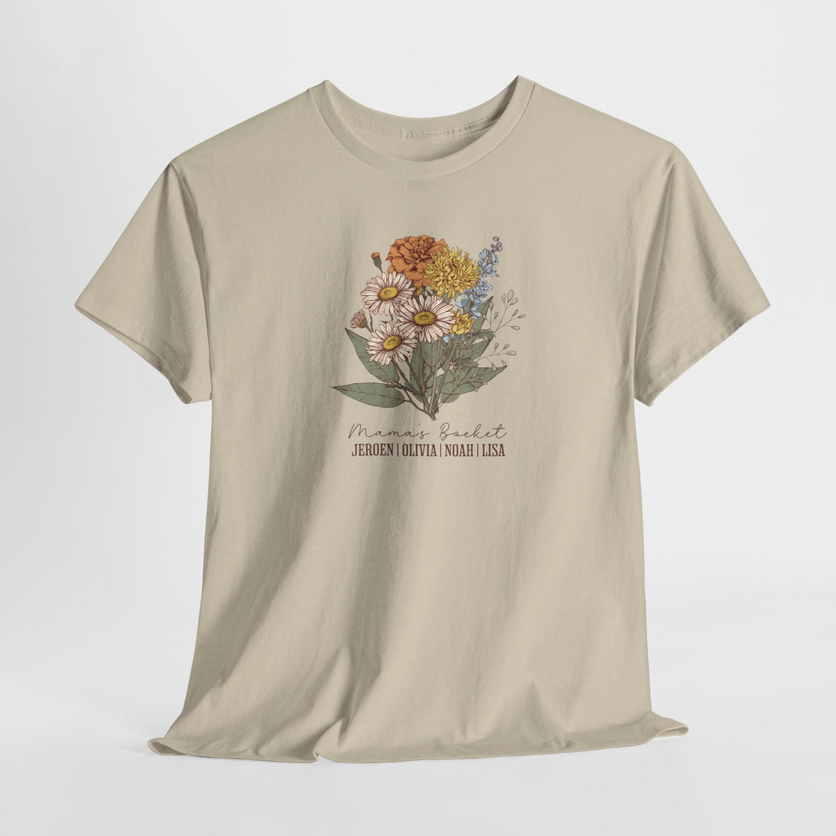 Beige T-shirt met kleine bloemenboeketprint op de borst en siertekst eronder