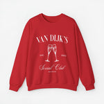 Rode sweatshirt met opdruk VAN DIJK'S Social Club en twee champagneglazen