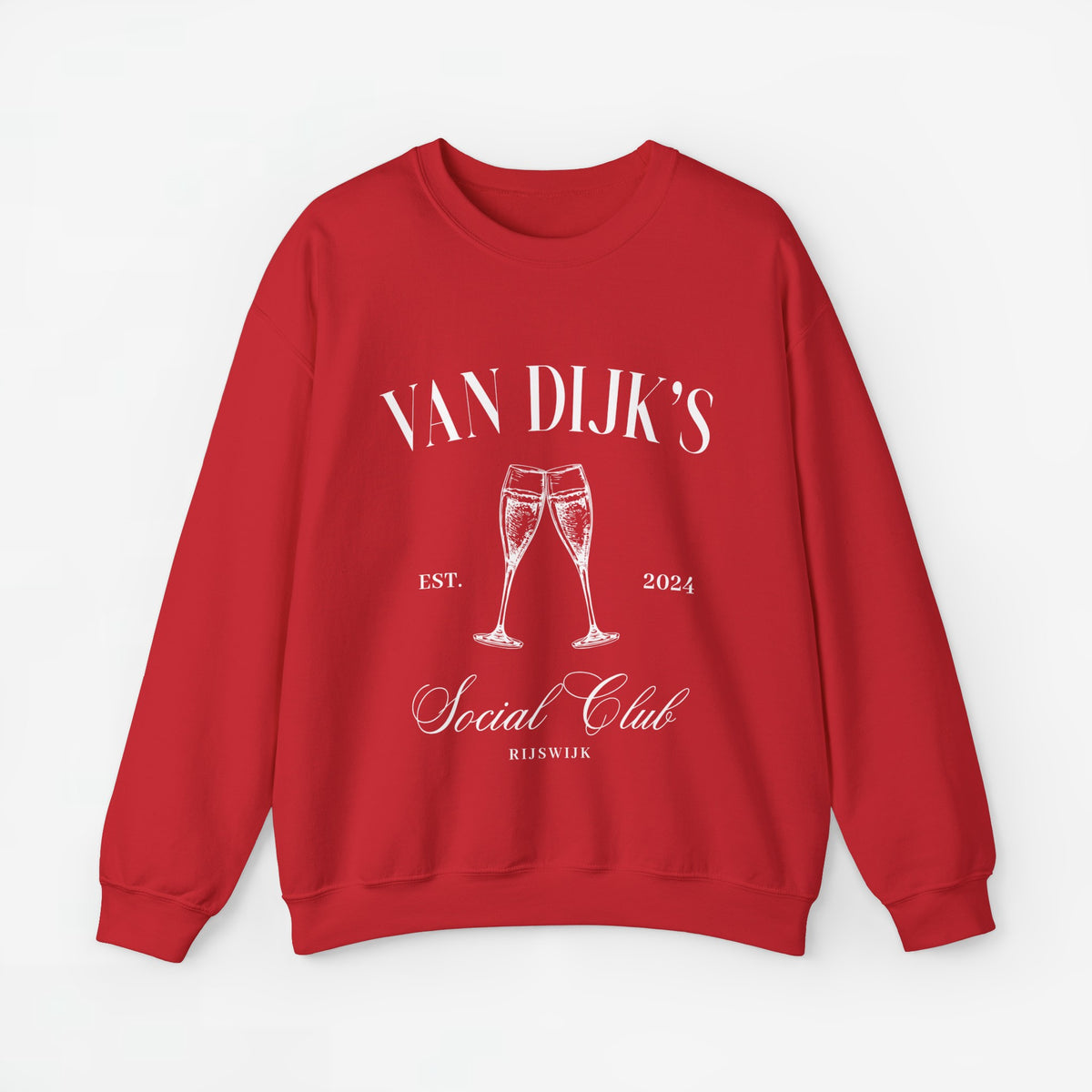 Rode sweater met witte 'VAN DIJK'S Social Club' print en twee wijnglazen