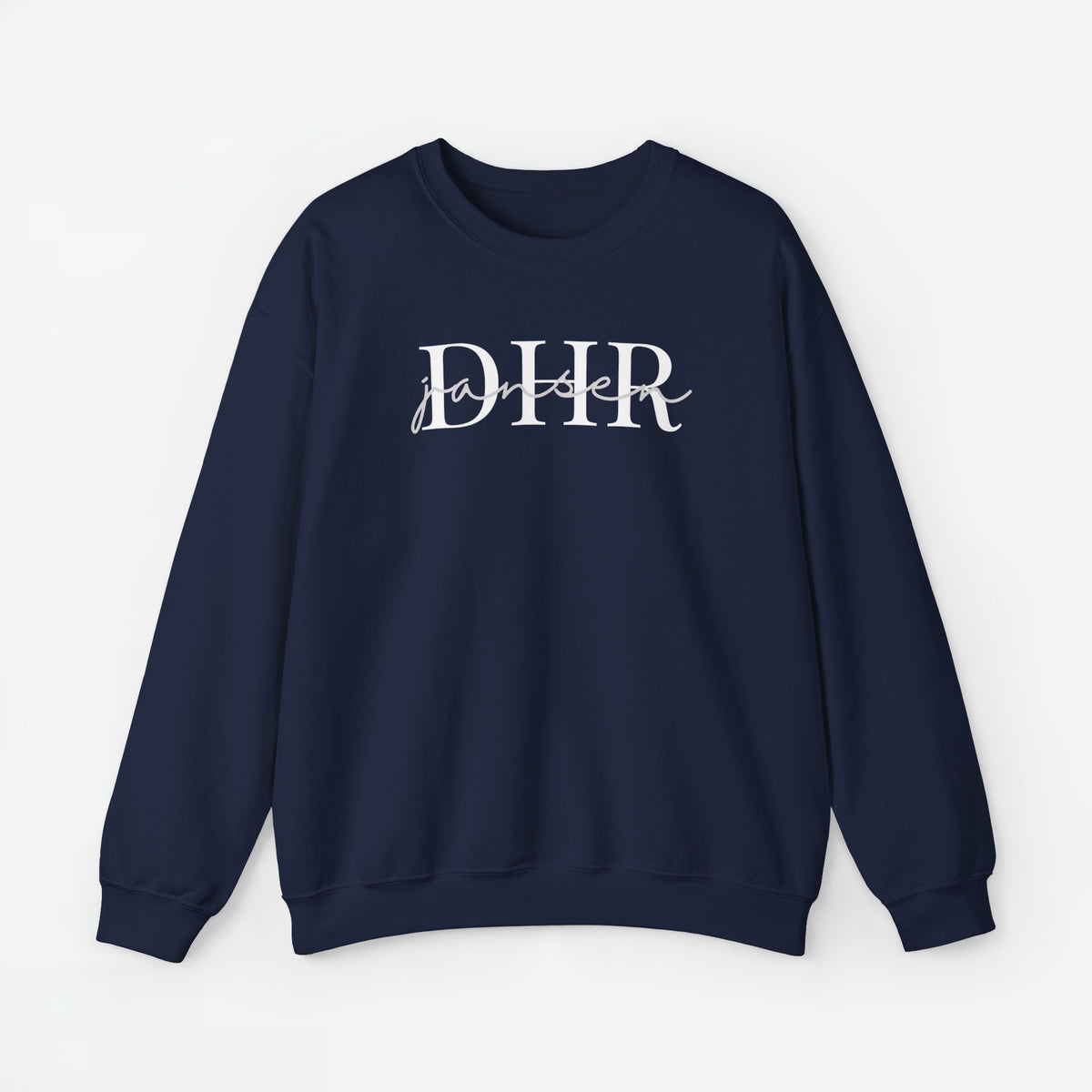 Gepersonaliseerde sweater navyblauw met 'DHR' bedrukking voorzijde
