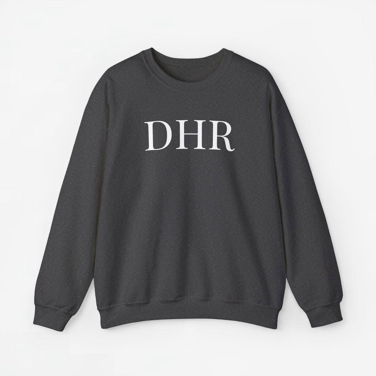 Donkere grijze sweatshirt met opdruk DHR, ronde hals en lange mouwen.