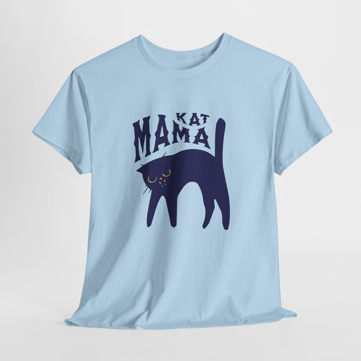Lichtblauwe T-shirt met “Kat Mama” borstprint en zwarte poesillustratie