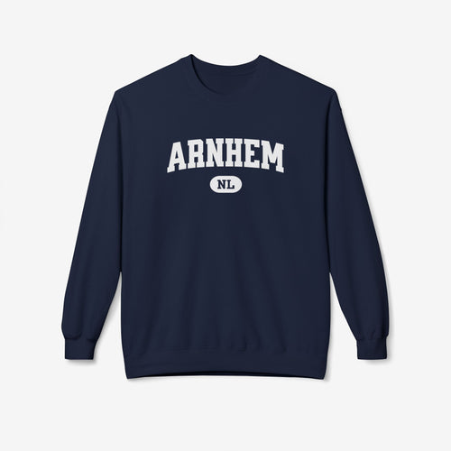 Navy varsity sweater met ronde hals en lange mouwen, borstlogo "ARNHEM".