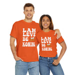Oranje T-shirt met witte tekst 'LAM LEVE DE KONING' en kroonprint.