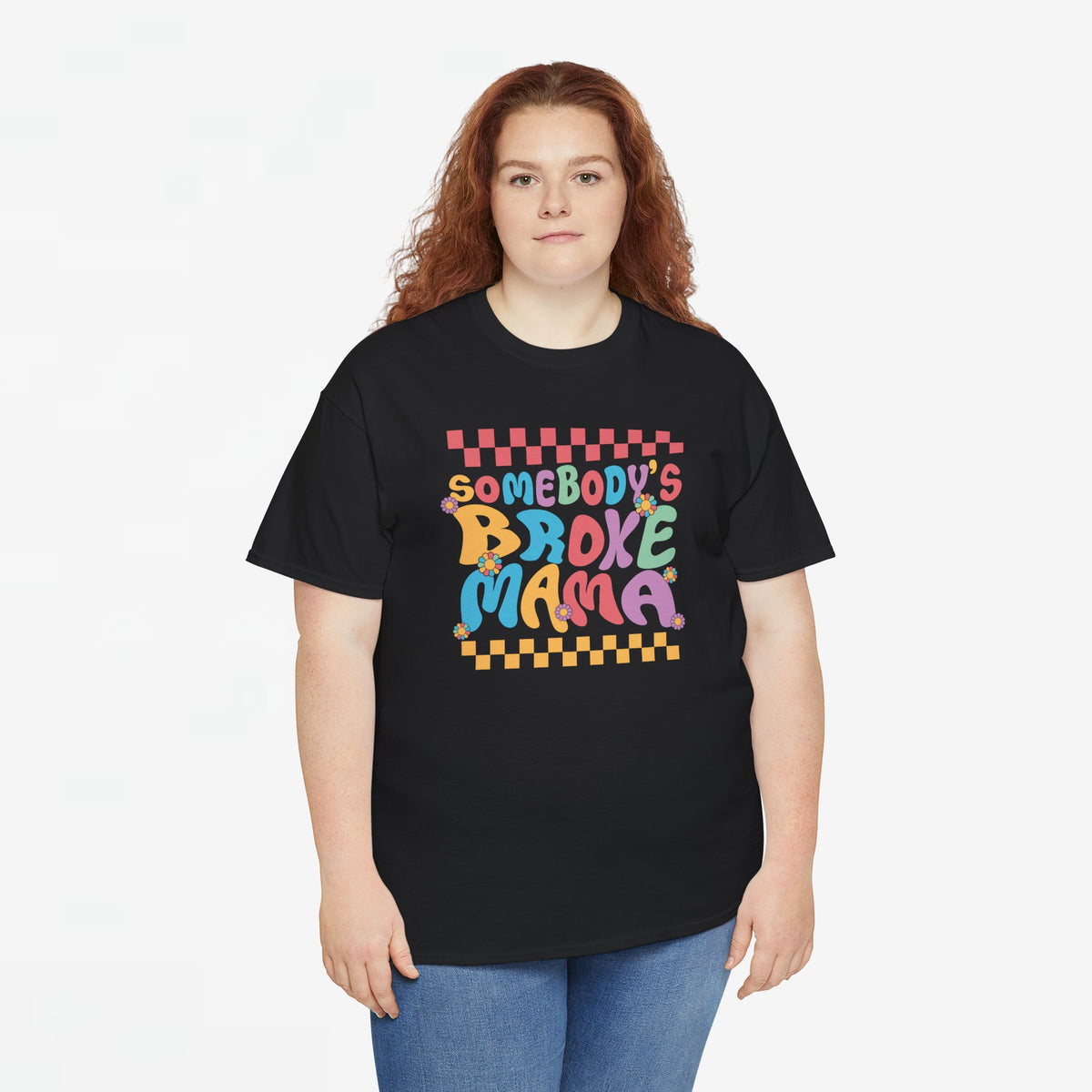 Zwart oversized T-shirt met ronde hals en kleurrijke 'Somebody's Broke Mama'-print