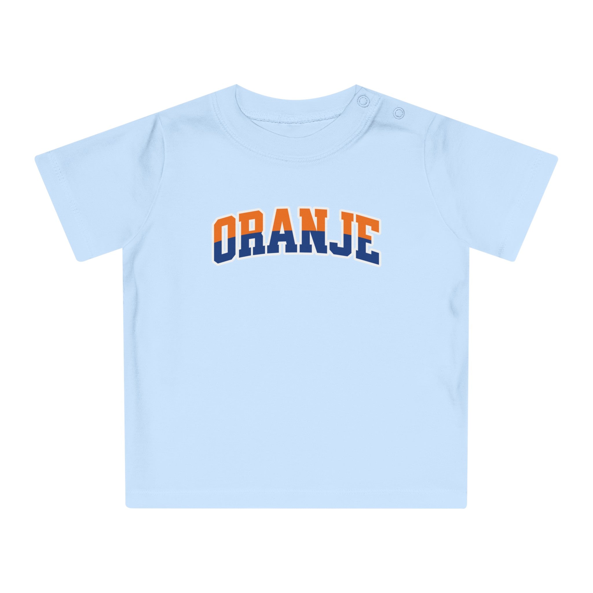 Baby T-shirt voor EK, WK en Koningsdag - ORANJE - oranje en blauwe tekst