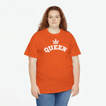 Oranje T-shirt met QUEEN-print en kroon op de borst, korte mouwen voor dames