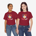 Donker bordeaux T-shirt met ronde hals en kleurrijke bloem-leeuwprint op de borst