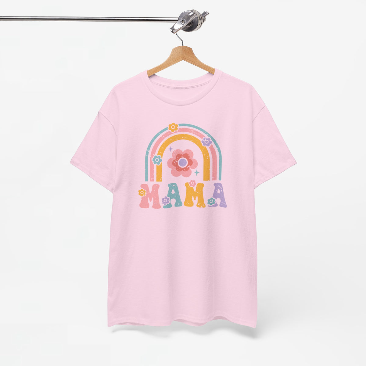 Roze T-shirt met regenboog- en bloemprint en 'MAMA' aan de voorkant, ronde hals
