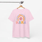 Roze T-shirt met regenboog- en bloemprint en 'MAMA' aan de voorkant, ronde hals