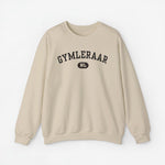 Beige sweater met ronde hals en borstprint 'GYMLERAAR' met NL-embleem.