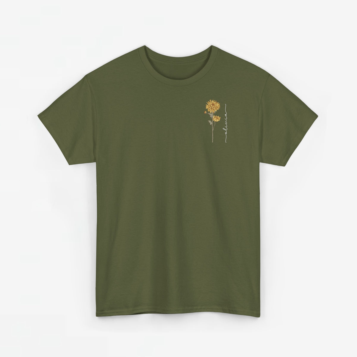 Olijfgroen T-shirt met kleine bloemillustratie op de borst