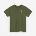 Olijfgroen T-shirt met kleine bloemillustratie op de borst