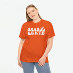 Oranje T-shirt met witte tekstprint ORANJE GEKTE op de borst, losse oversized fit.