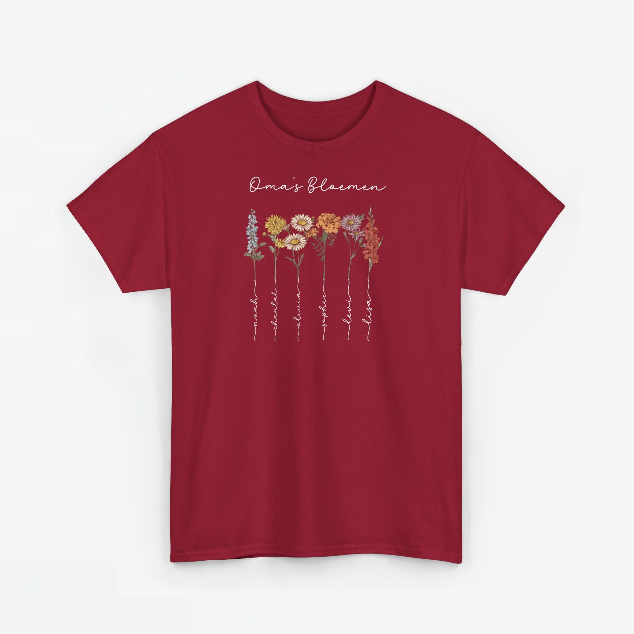Gepersonaliseerde Moederdag Mama Cadeau - T-shirt - Oma's Bloemen met namen en geboortemaand bloemen (witte tekst)
