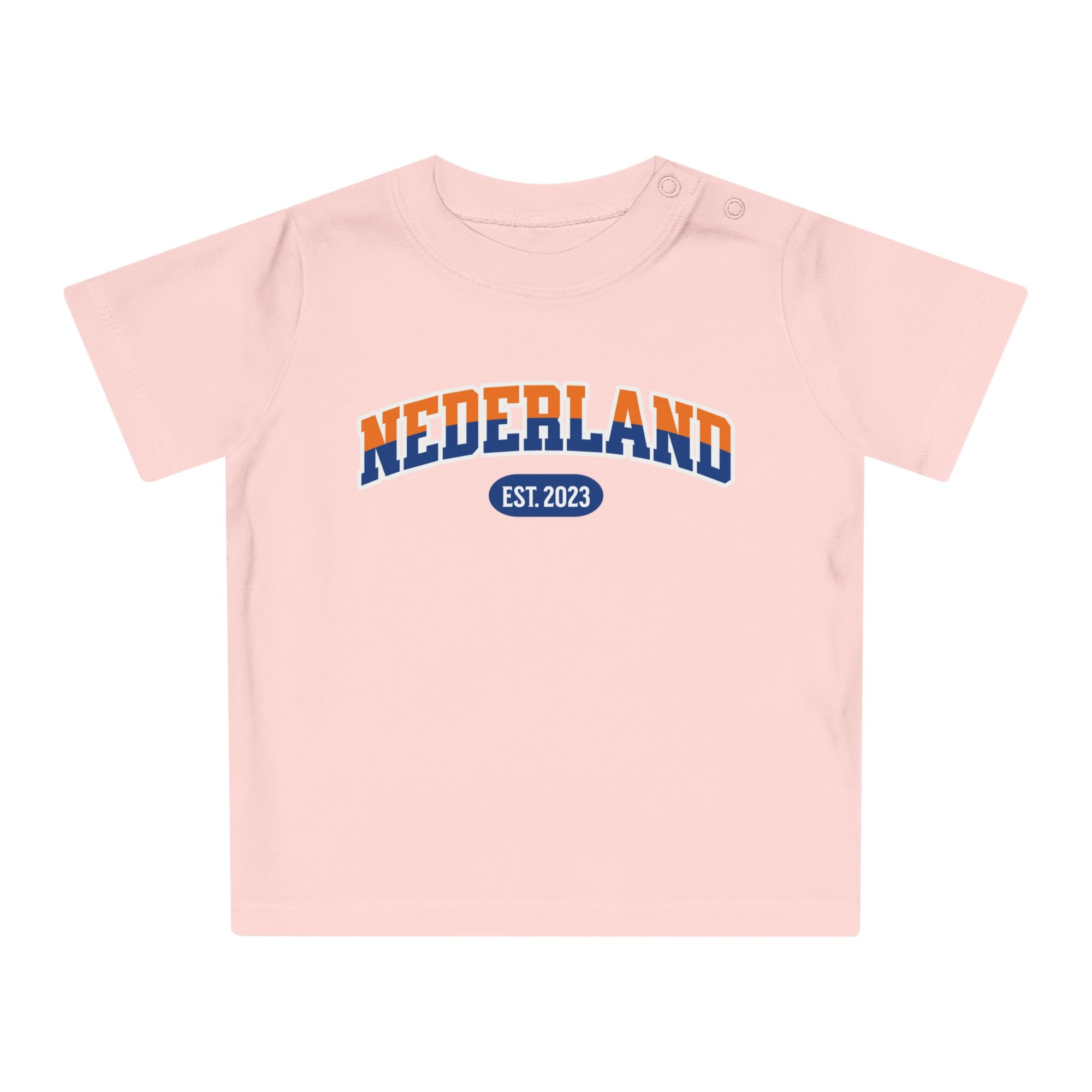 Baby T-shirt voor EK, WK en Koningsdag - Personaliseer met Naam, Jaar & Rugnummer - NEDERLAND (oranje en blauwe tekst)
