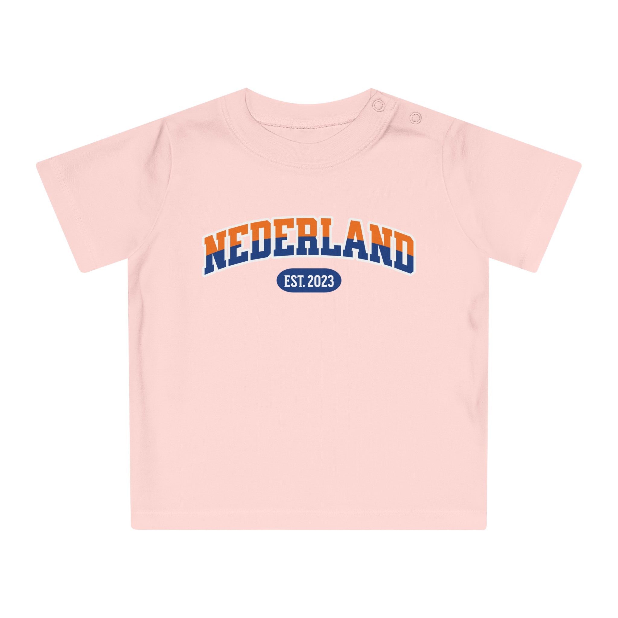 Baby T-shirt voor EK, WK en Koningsdag - Personaliseer met Naam, Jaar & Rugnummer - NEDERLAND (oranje en blauwe tekst)