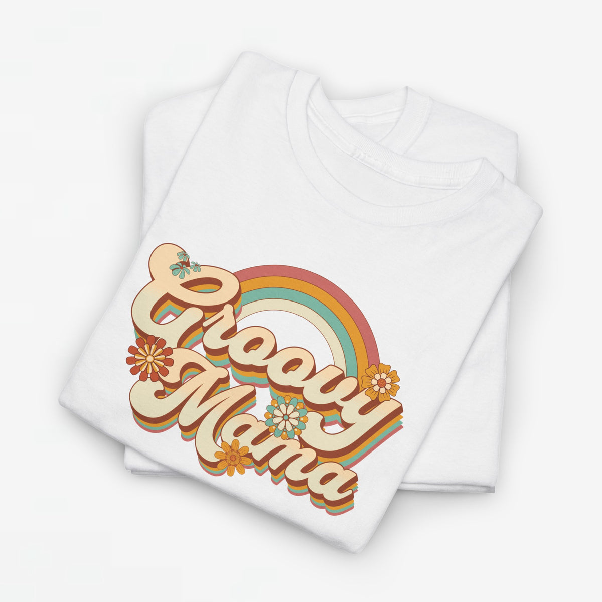 Witte oversized t-shirt met ronde hals en regenboog 'Groovy Mama' print