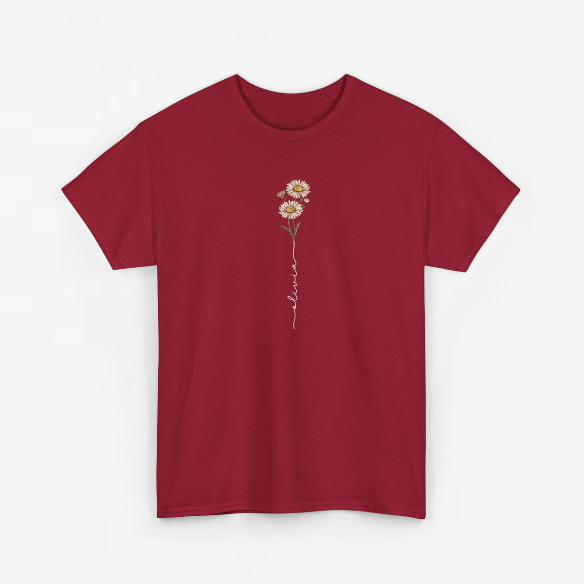 Rood T-shirt met margrietbloem en slingernaam op de borst