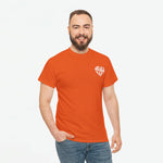 Oranje heren t-shirt met ronde hals en kleine borstprint