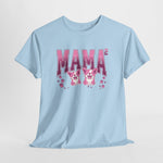 Lichtblauw T-shirt met ronde hals en opdruk MAMA² met twee hondjes in roze.