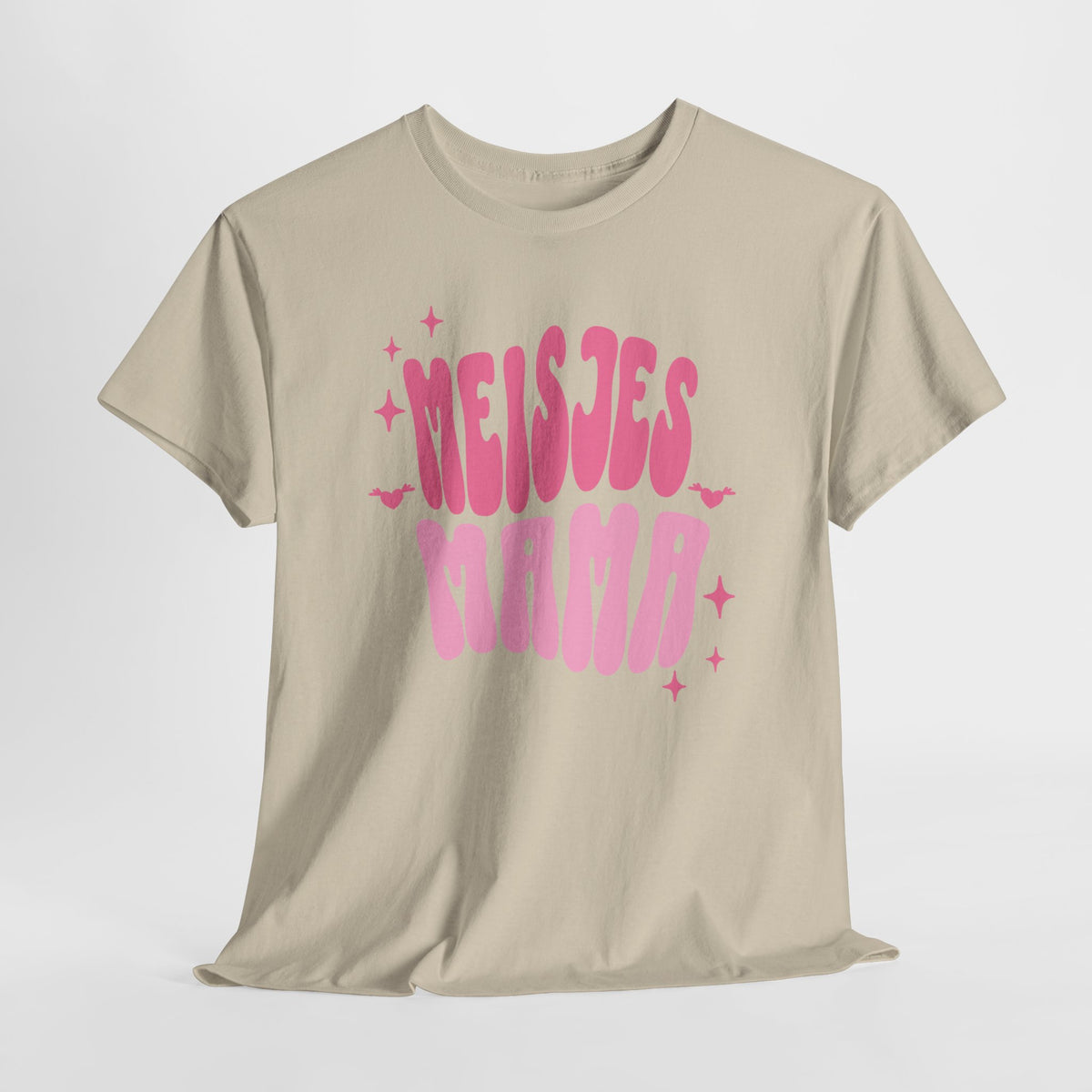 Beige oversized T-shirt met roze ‘MEISJES MAMA’ opdruk op borst