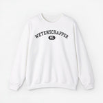 Witte sweater met ronde hals en 'WETENSCHAPPER' opdruk met klein 'NL' logo