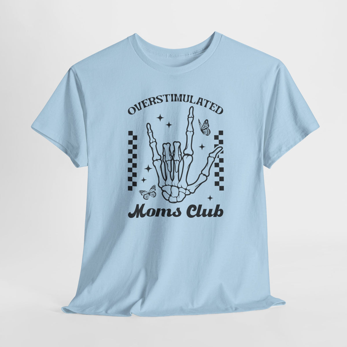 Lichtblauw oversized T-shirt met handgraphic en “Overstimulated Moms Club” print