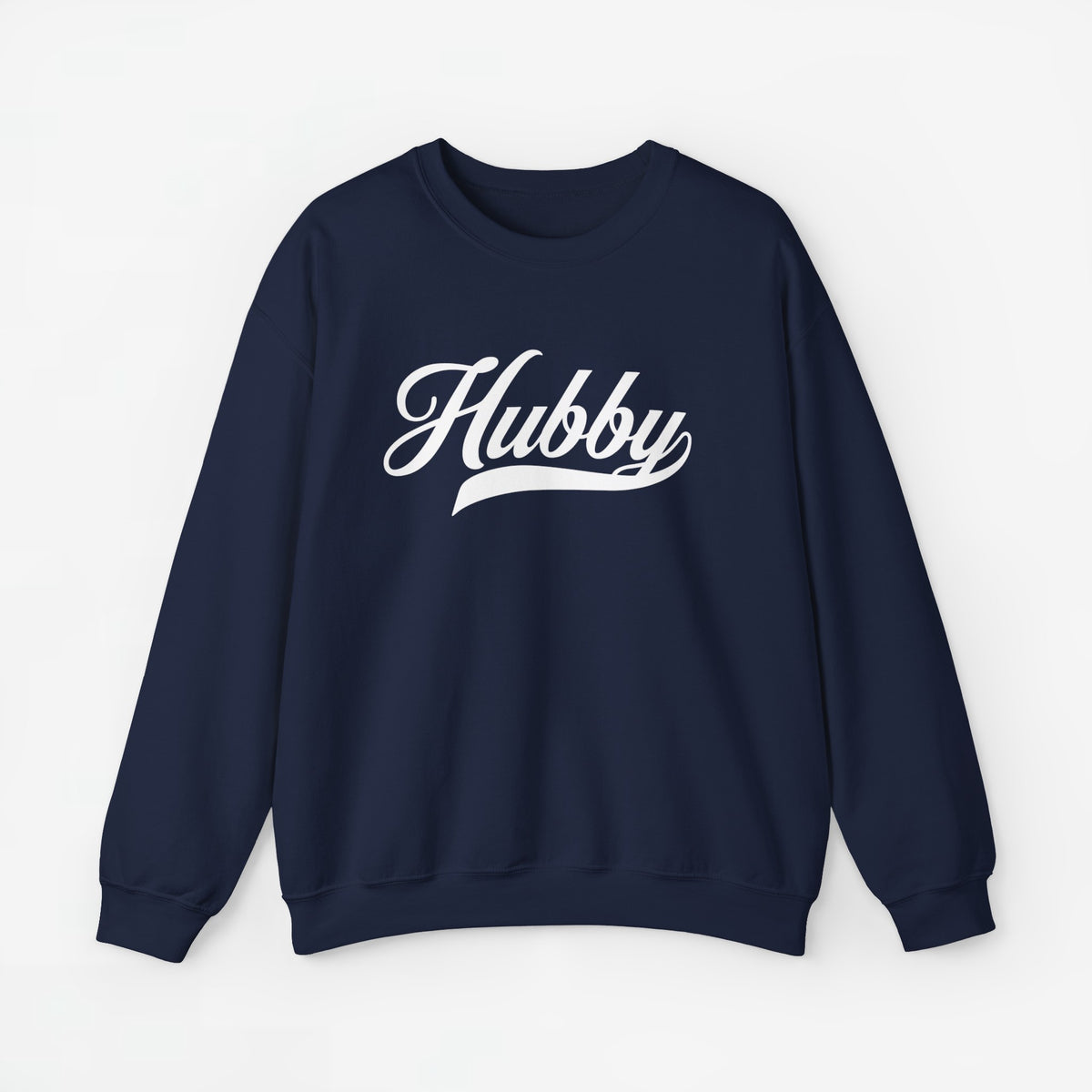 Donkerblauwe sweatshirt met opdruk “Hubby” en ronde hals