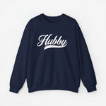 Donkerblauwe sweatshirt met opdruk “Hubby” en ronde hals